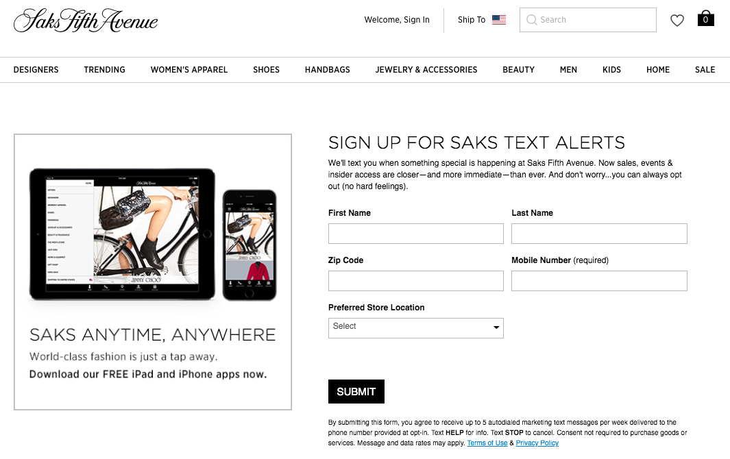 Saks Fifth Avenue Text Alerts