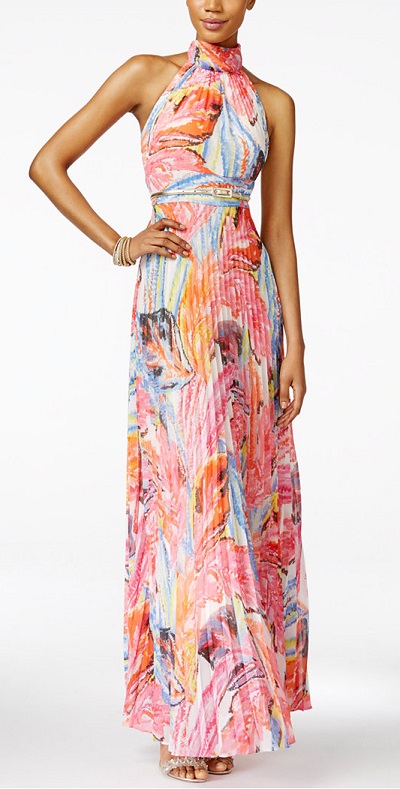 INC International Concepts Printed Pleated Halter Maxi Dress