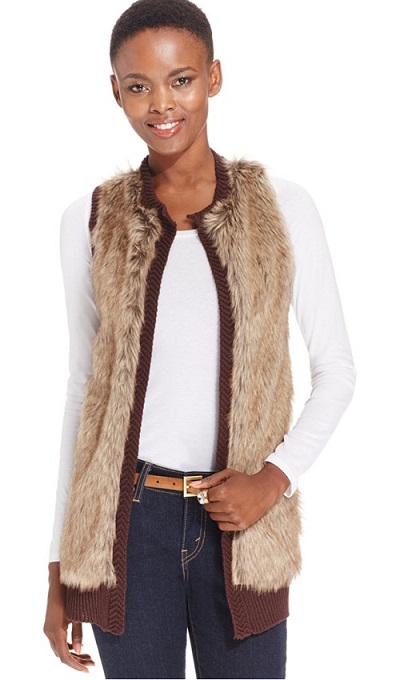 NY Collection Petite Cable-Knit Faux-Fur Vest