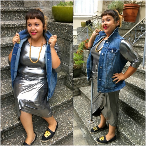 Silver dress and denim vest