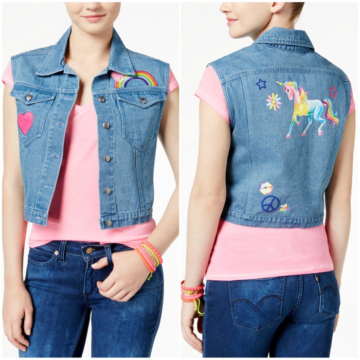Lisa Frank Juniors' Patch Graphic Denim Vest