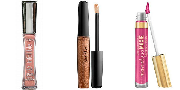 Three lip glosses in peach, gold and pink