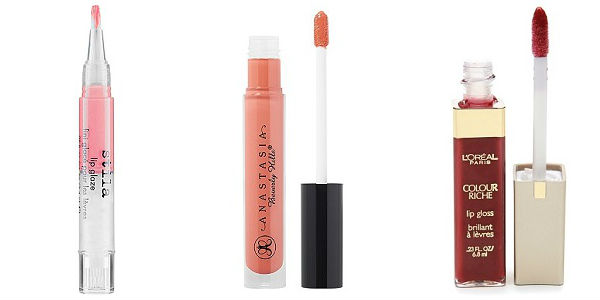 Three lip glosses in pink, peach and red
