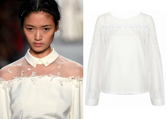 White Sheer Lace Panel Ruffle Detail Long Sleeve Blouse