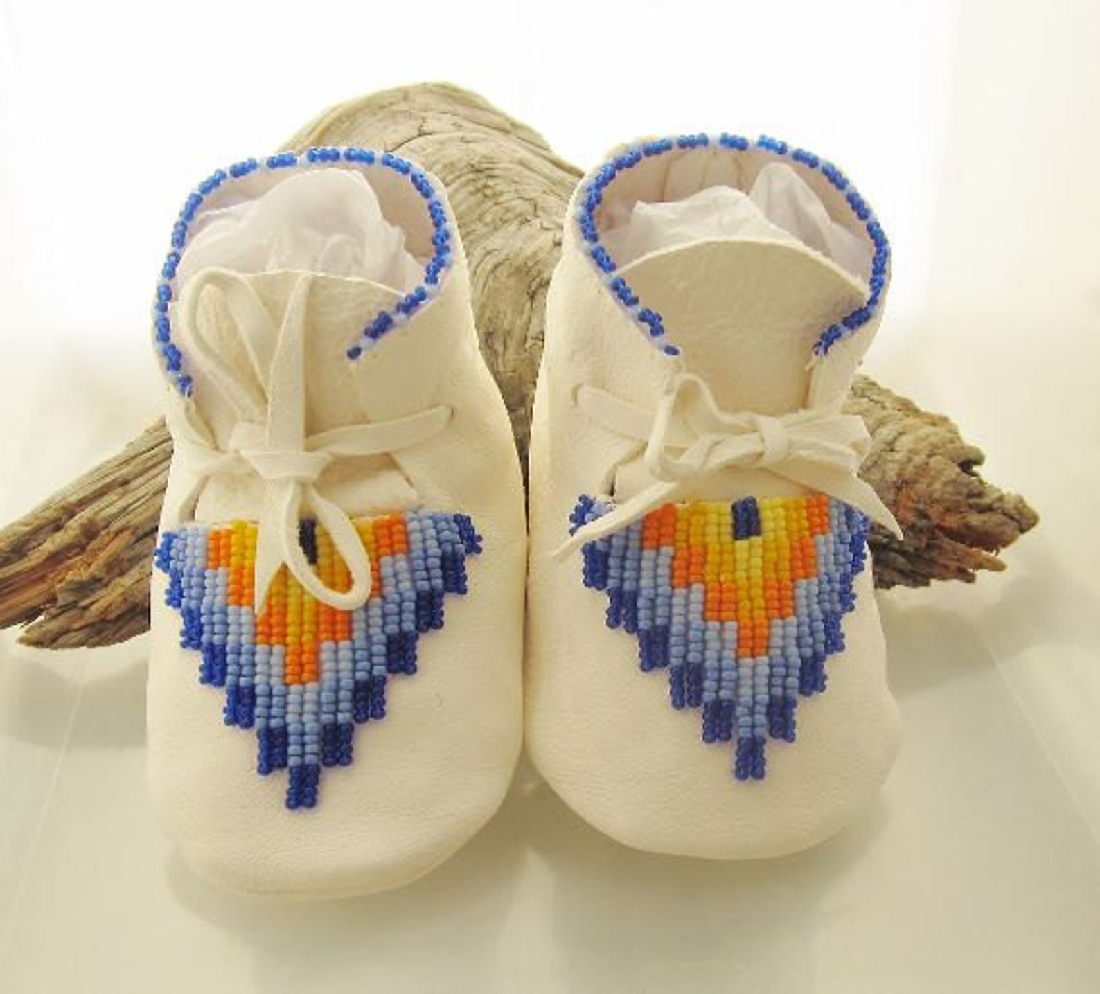 Personalized Keepsake Baby Shower Gift. Native American beaded baby boy moccasins. Blue and yellow beaded infant shoes. Newborn crib booties
