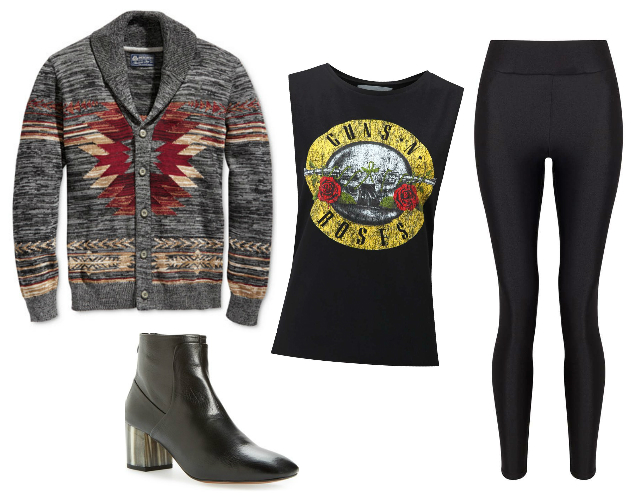 Men's cardigan, Guns N Roses tank top, liquid leggings, black ankle boots