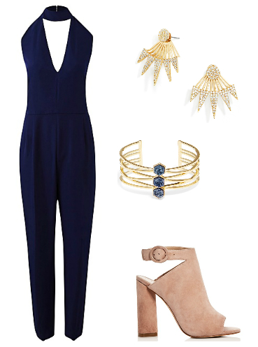 Plus size jumpsuit, booties, earrings, and cuff bracelet