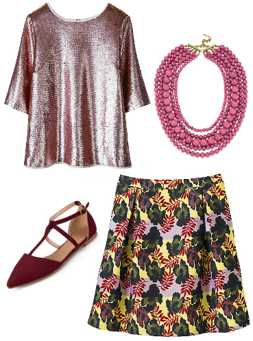 Plus size sequin top, floral skirt, t-strap flats