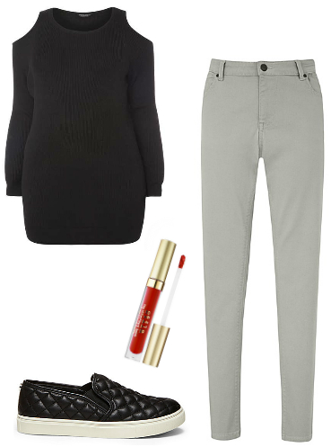 Cold shoulder sweater, plus size jeans, leather slip ons