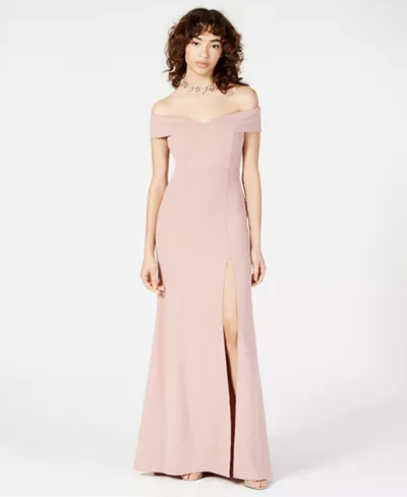 Emerald Sundae Juniors' Off-The-Shoulder Crepe Gown