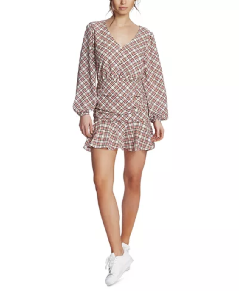 1.STATE Plaid Ruched Ruffle Dress