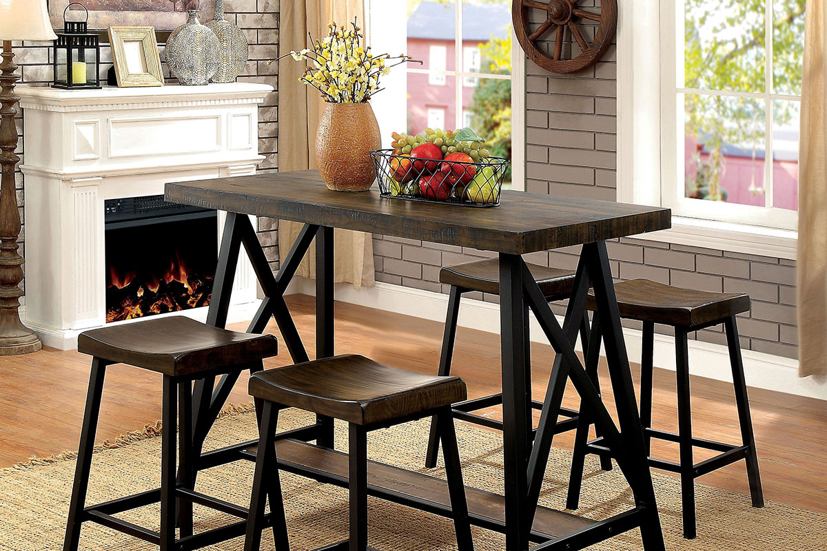 Wooden dining table with stools