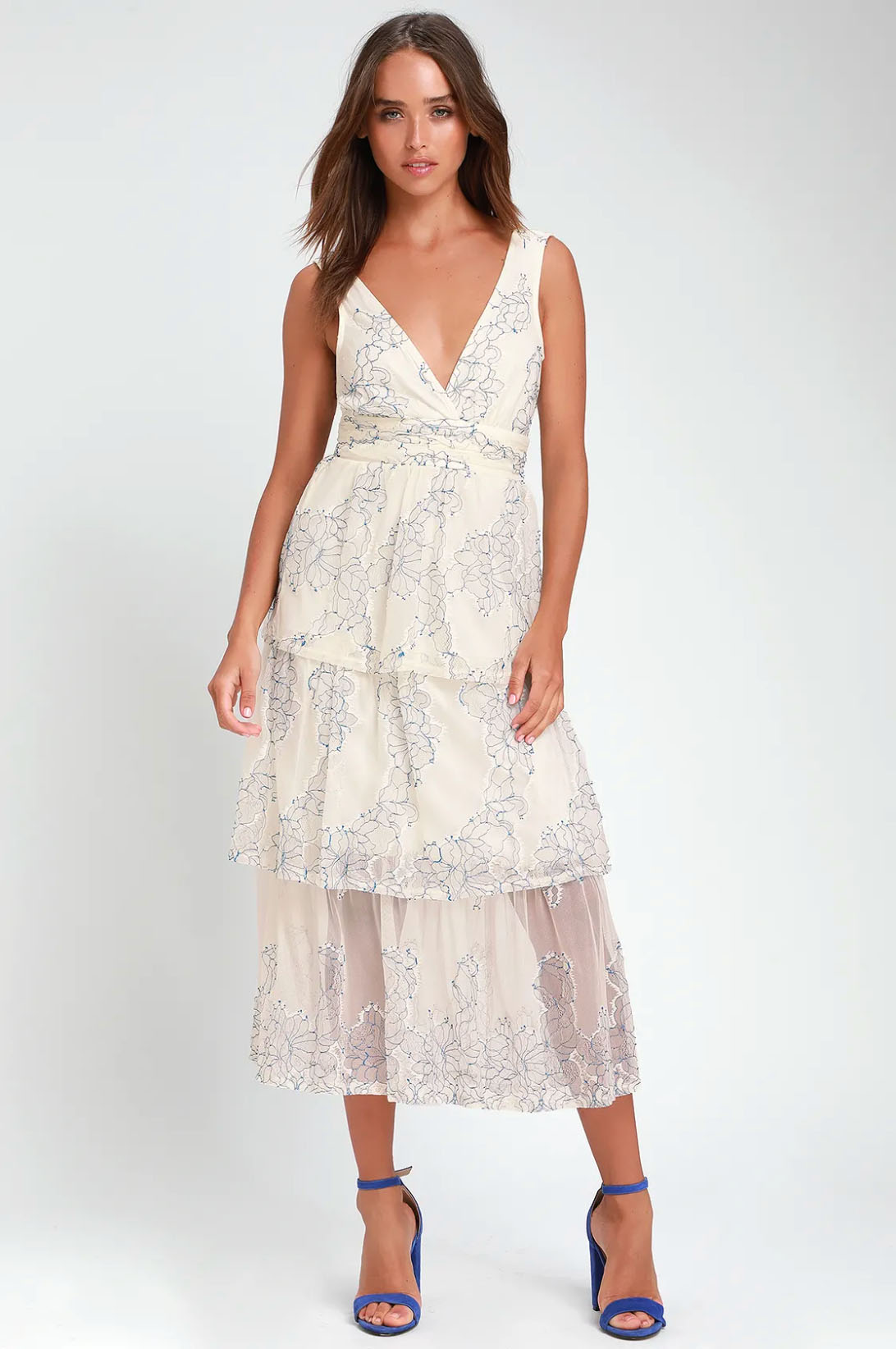 Lulu's VIVIANA BLUE AND WHITE EMBROIDERED LACE MIDI DRESS
