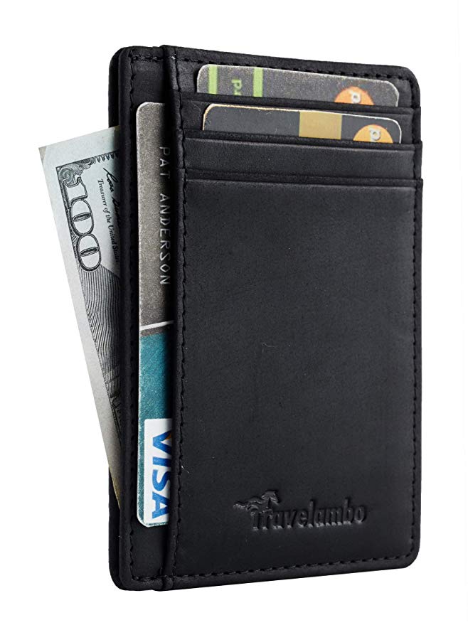 Travelambo Front Pocket Minimalist Leather Slim Wallet RFID Blocking Medium Size