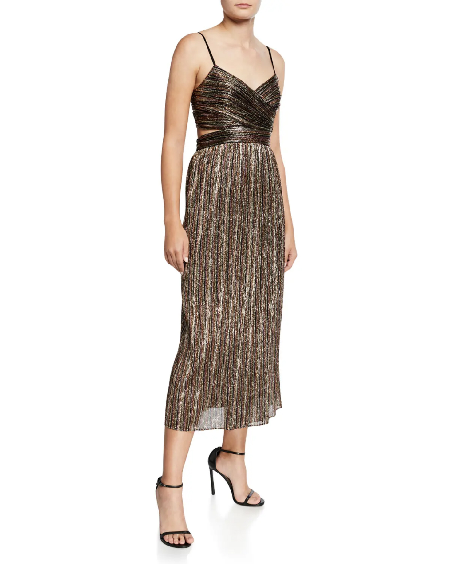 Aidan by Aidan Mattox Pleated Metallic Stripe Sleeveless Midi Cocktail Dress