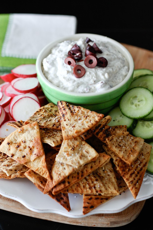 KALAMATA OLIVE AND FETA DIP WITH BAKED LEMON PEPPER PITA CHIPS