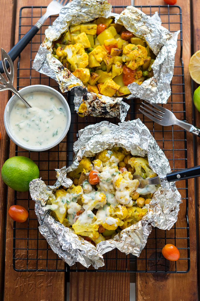 Vegan Yack Attack Curry Cauliflower Grill Packets with Yogurt Sauce