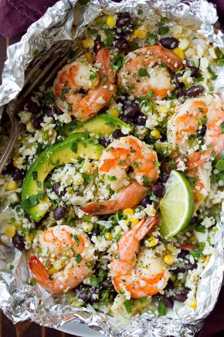 Cooking Classy Cilantro Lime Shrimp and Cauliflower “Rice” Foil Packs