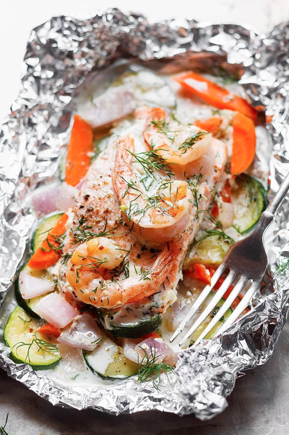 Eat Well 101 Creamy Shrimp and Salmon Foil Packs