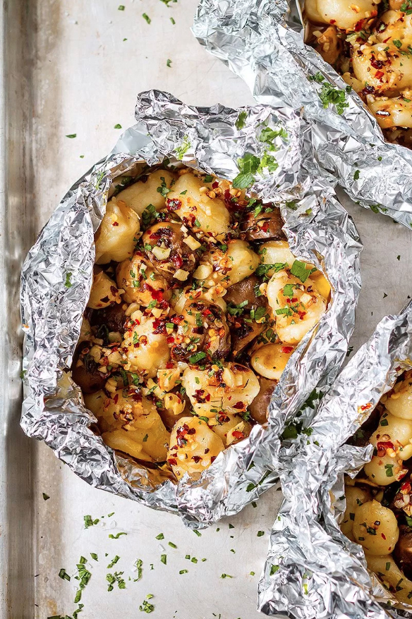 Eat Well 101 Garlic Butter Mushrooms and Gnocchi in Foil Packets