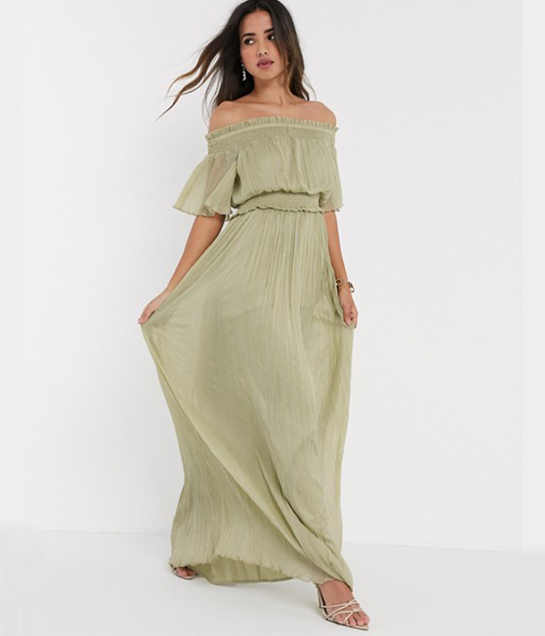 ASOS DESIGN bardot shirred maxi dress in sage green