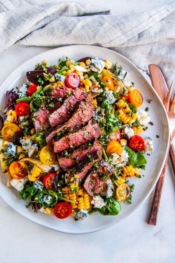 Balsamic Steak Gorgonzola Salad with Grilled Corn