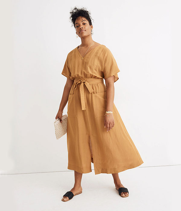 Linen-Blend Dolman-Sleeve Tie-Waist Midi Dress