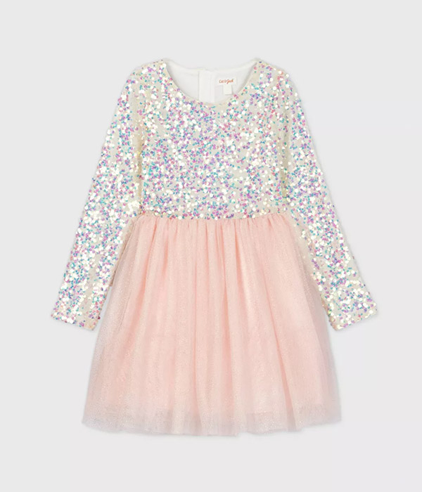 Girls' Long Sleeve Iridescent Sequin Tulle Dress