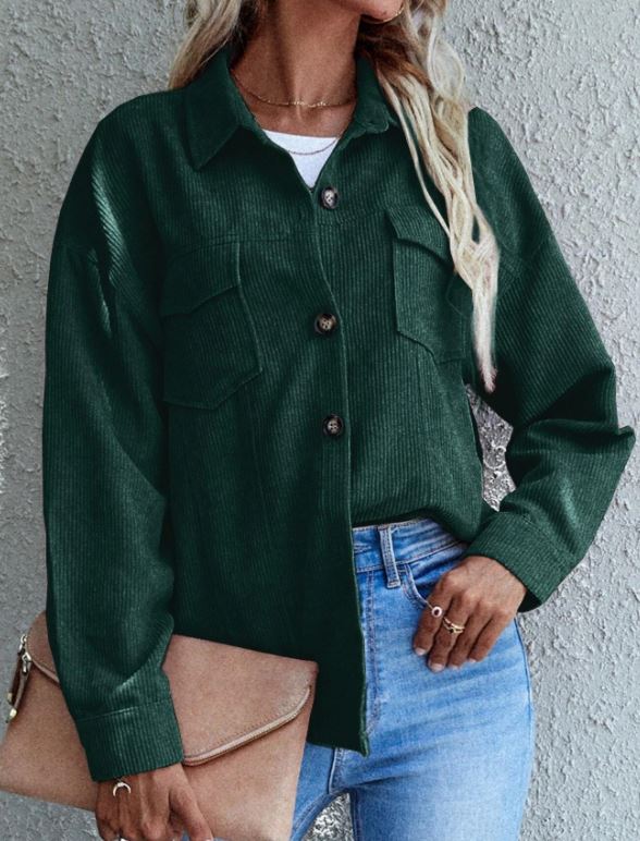 Flap Pocket Drop Shoulder Corduroy Jacket SHEIN