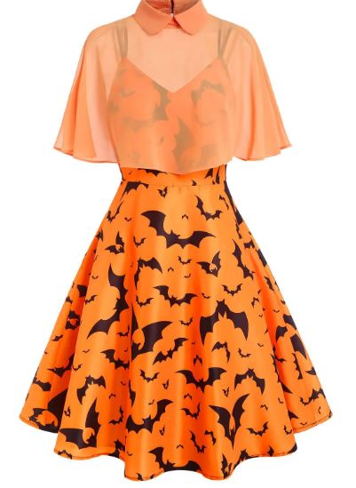 Dresslily Halloween Allover Bat Print Dual STrap Cape a Line