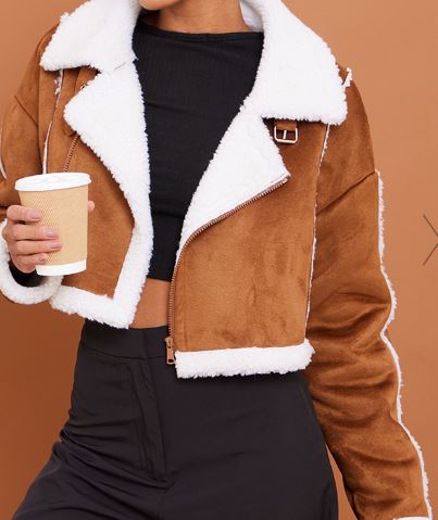 PRetty litte thing Brown Borg Lined Faux Suede Super Cropped Jacket