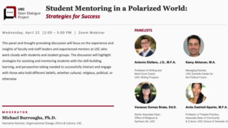 Event flyer titled “Student Mentoring in a Polarized World: Strategies for Success,” with date, time, Zoom info, moderator and panelist names.