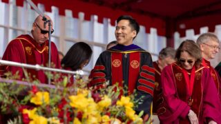Investiture of USC President Beong-Soo Kim: Kim prepares to receive the medallion of office